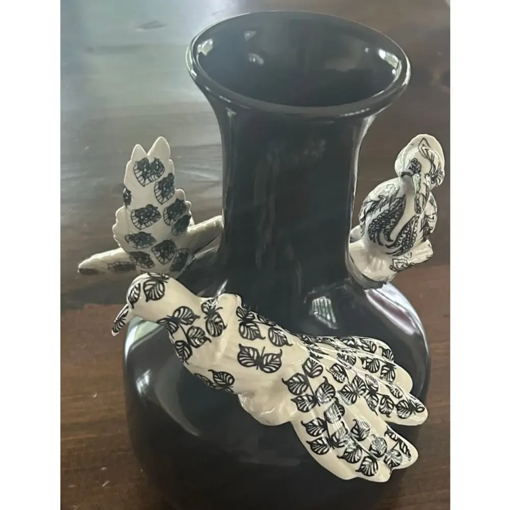 Anthropologie Black Vase Black White Color Vintage‎ Art Birds Home Decoration